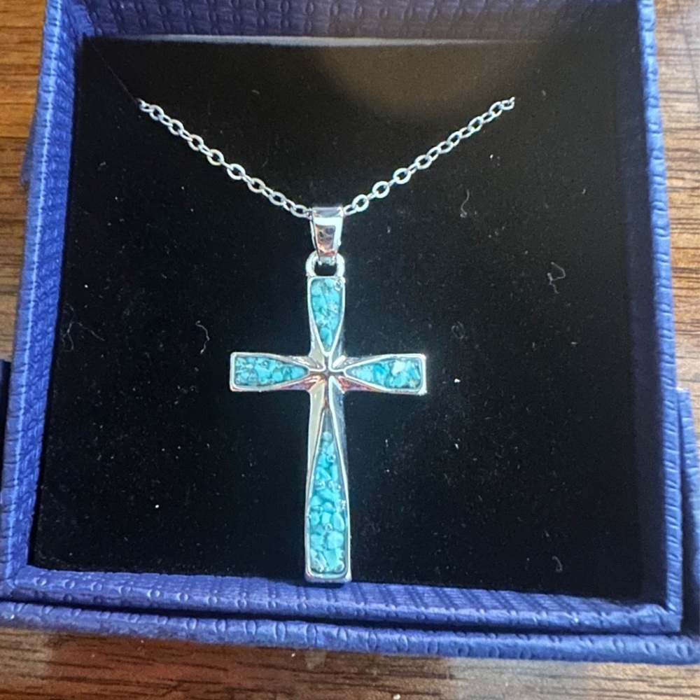 Stainless Steel & Turquoise Cross 16 inch Necklace